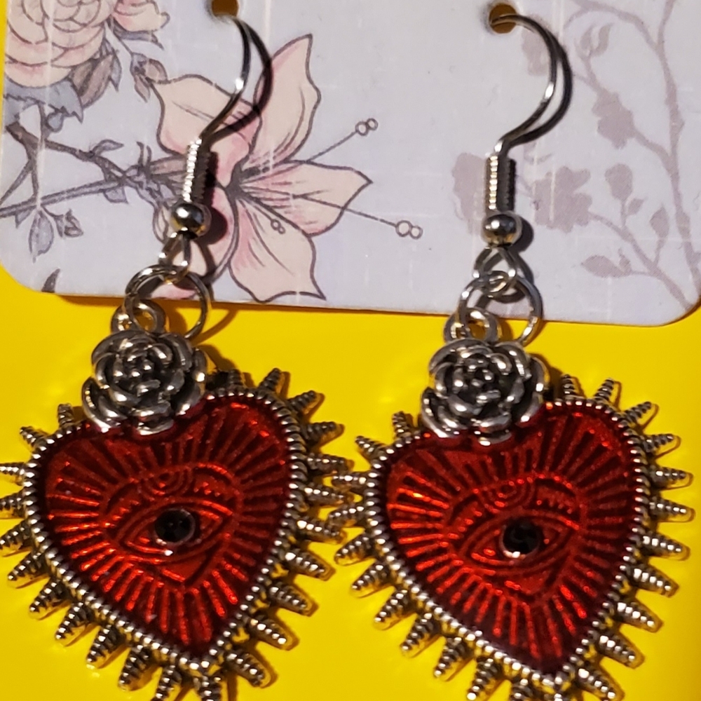 Silver and Red Heart Eye Earrings